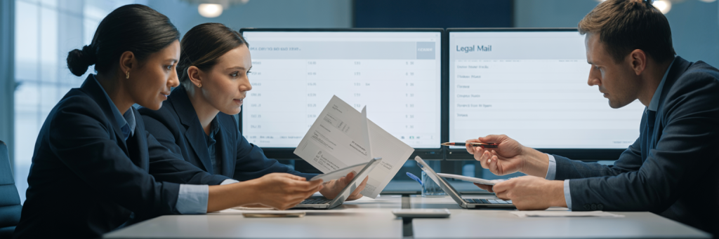 A bank mailroom employee managing foreclosure and loan notices digitally with secure tracking, return receipt archives, and automated USPS label printing.