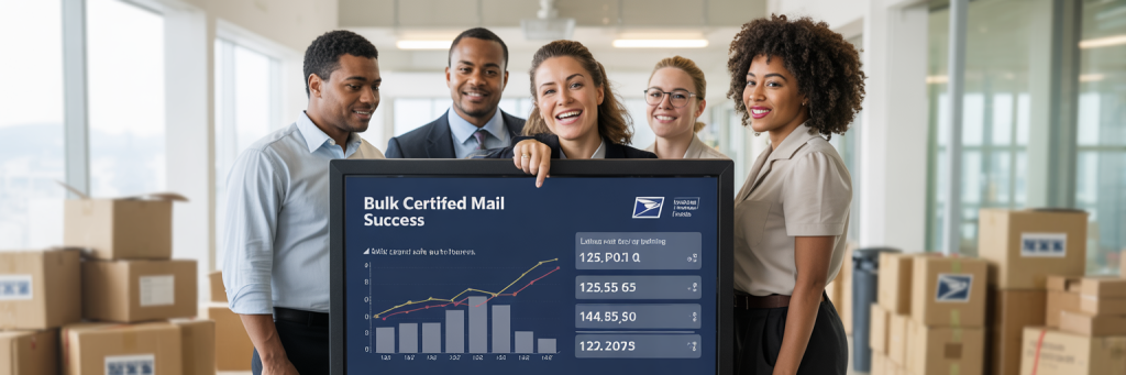 A mid-sized business team smiling in a modern office setting, reviewing a digital dashboard that shows the successful completion of hundreds of certified mail letters sent online in bulk. The team leader points at cost savings displayed on a screen, while another employee gives a thumbs-up in front of charts comparing manual vs. digital mailing expenses. Boxes of envelopes, supplies, and outdated mailing equipment are stacked in the background, symbolizing the hassle they’ve eliminated by switching to Postalocity. The dashboard highlights tracking numbers, return receipts, and USPS-certified labels—all processed without printing, trips to the post office, or filing green cards. This image captures the operational efficiency and financial impact of using online certified mail tools at scale. The scene conveys trust, convenience, and control—aligned with modern compliance needs in business communication. Ideal for businesses looking to cut mailing costs, improve audit readiness, and simplify the certified mail process for large volumes.