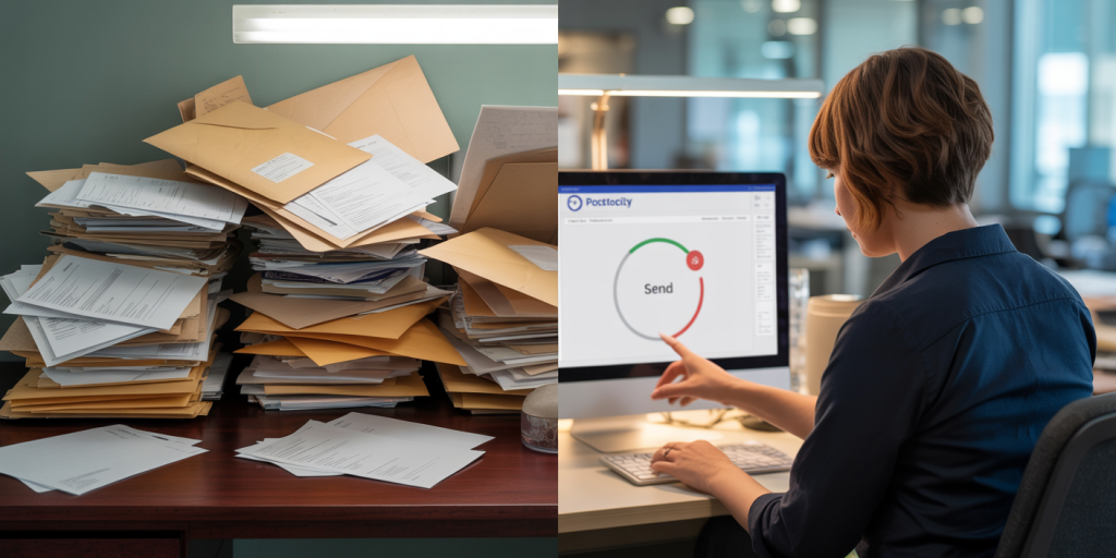 Before-and-after comparison showing chaotic physical mail prep vs. a streamlined certified mail dashboard used by a single employee.