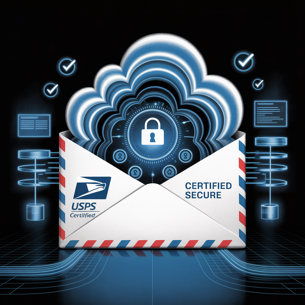 A certified mail envelope transforming into a secure digital vault, symbolizing data encryption, chain of custody, and legal admissibility in regulatory and court proceedings.