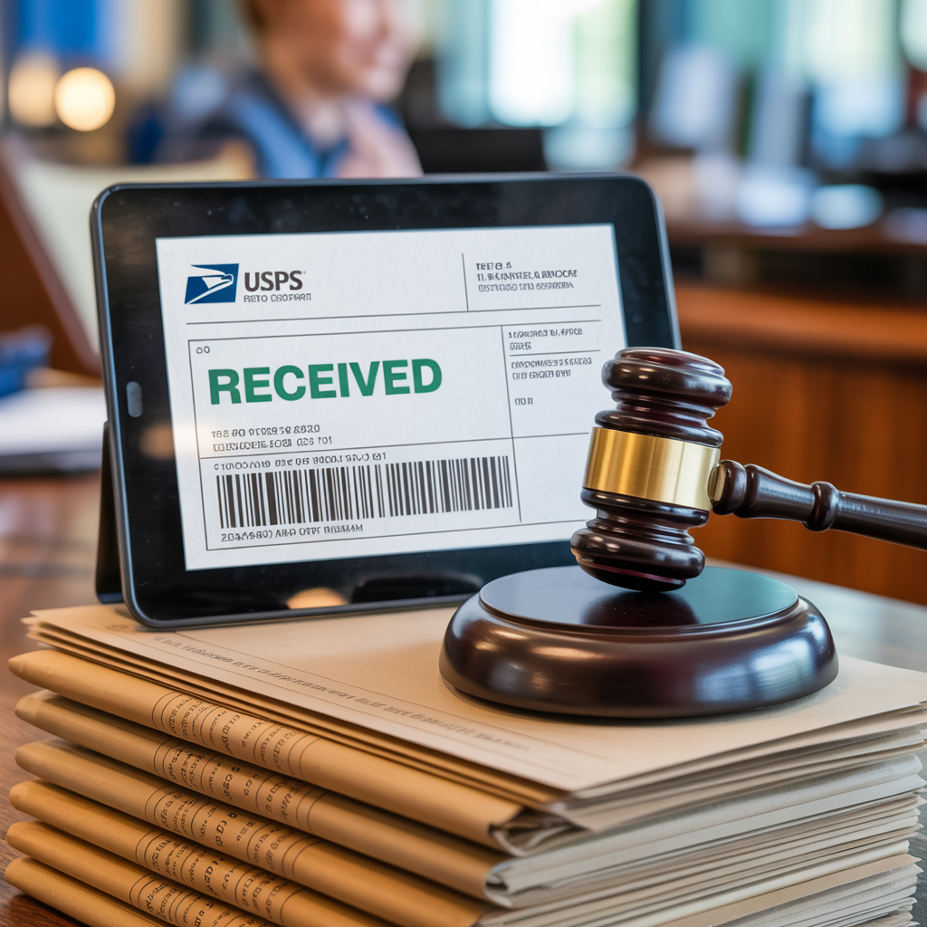 A digital return receipt with a legal gavel beside it, highlighting the use of certified mail as court-admissible proof in disputes and regulatory filings.