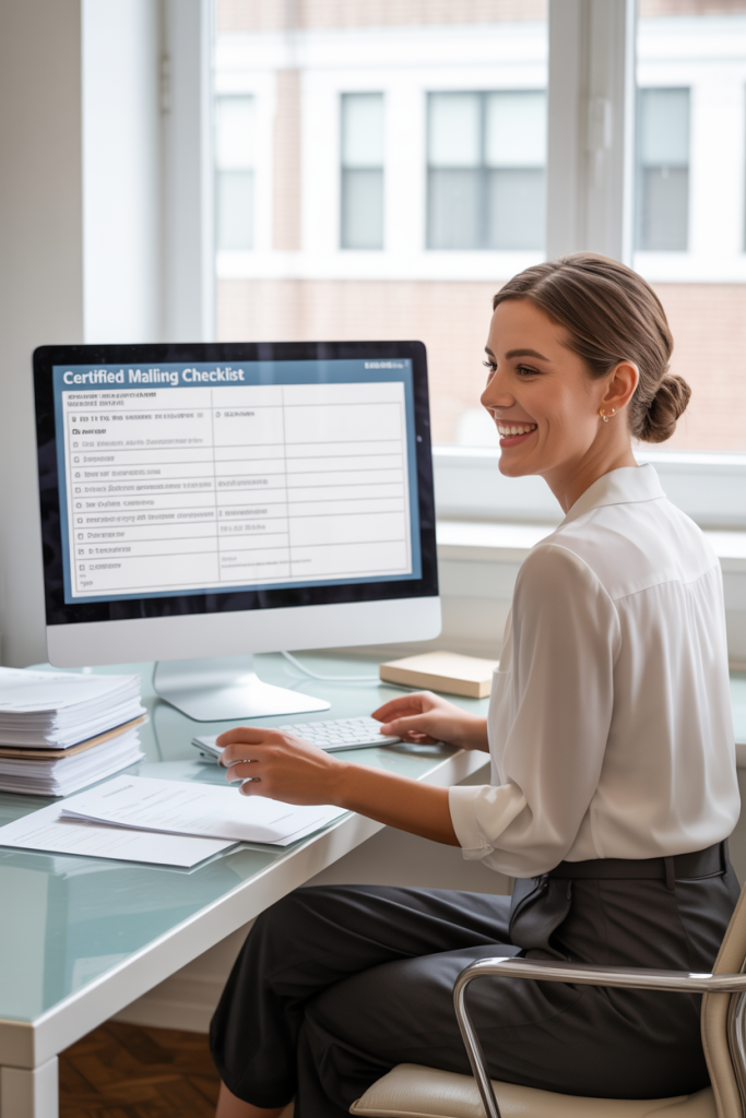 Office worker managing a certified mailing job digitally with checkmarks for each letter sent, showcasing efficiency, reduced workload, and better recordkeeping.