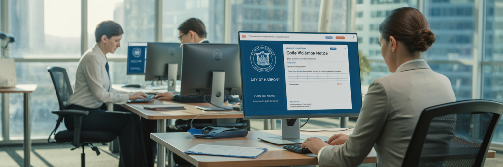 City clerk sending certified code enforcement notices using a government-branded digital mail platform with USPS tracking visible.