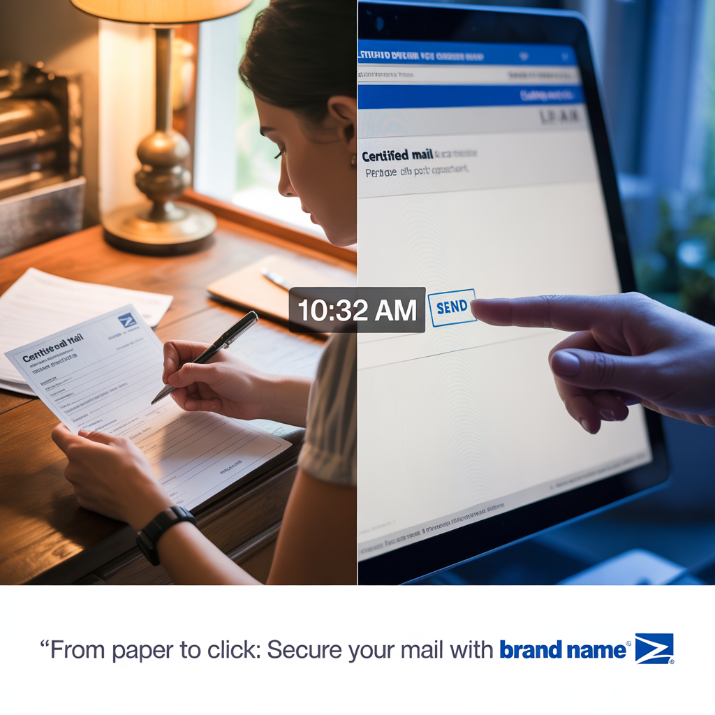 plit image showing a staff member filling out USPS green cards and another using a sleek certified mail platform online to dispatch mail in minutes.