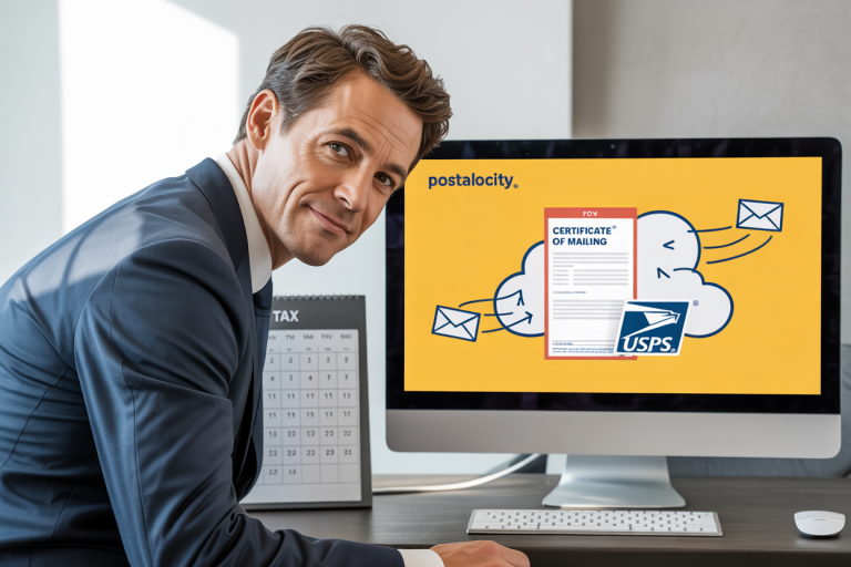 A computer screen displaying the Postalocity dashboard with a digital Certificate of Mailing receipt confirming USPS mailing date and time, representing a fully automated, cloud-based mail service for businesses. No physical mail is shown, highlighting Postalocity’s print, stuff, and mail automation process. The image emphasizes time-saving, address verification, and compliance with legal and tax deadlines, serving as an affordable alternative to Certified Mail. Icons suggest secure digital processing, error reduction, and automatic storage of mailing receipts, ideal for companies sending time-sensitive documents like IRS forms, legal notices, or healthcare communications.