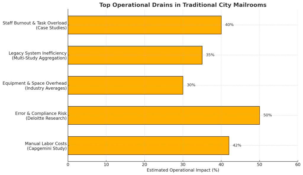 Bar chart titled “Top Operational Drains in Traditional City Mailrooms,” showing five major inefficiencies. The chart displays horizontal bars representing estimated operational impact percentages: Manual Labor Costs (42%), Error & Compliance Risk (50%), Equipment & Space Overhead (30%), Legacy System Inefficiency (35%), and Staff Burnout & Task Overload (40%). Each bar includes a short source label: Capgemini, Deloitte, industry benchmarks, multi-study aggregation, and municipal case studies. The chart emphasizes the hidden costs of outdated mailroom processes and supports the argument for city mailroom automation.